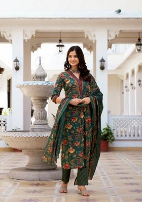 Green Digital Print Rayon Anarkali Set With Dupatta
