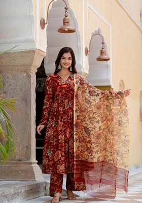 Maroon Digital Print Rayon Anarkali Set