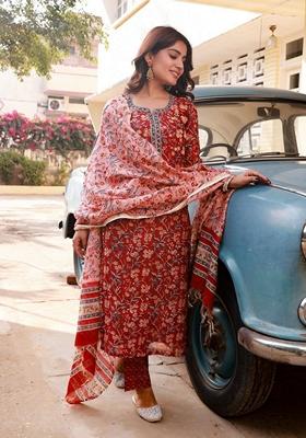 Maroon Digital Print Rayon Kurta Set With Dupatta