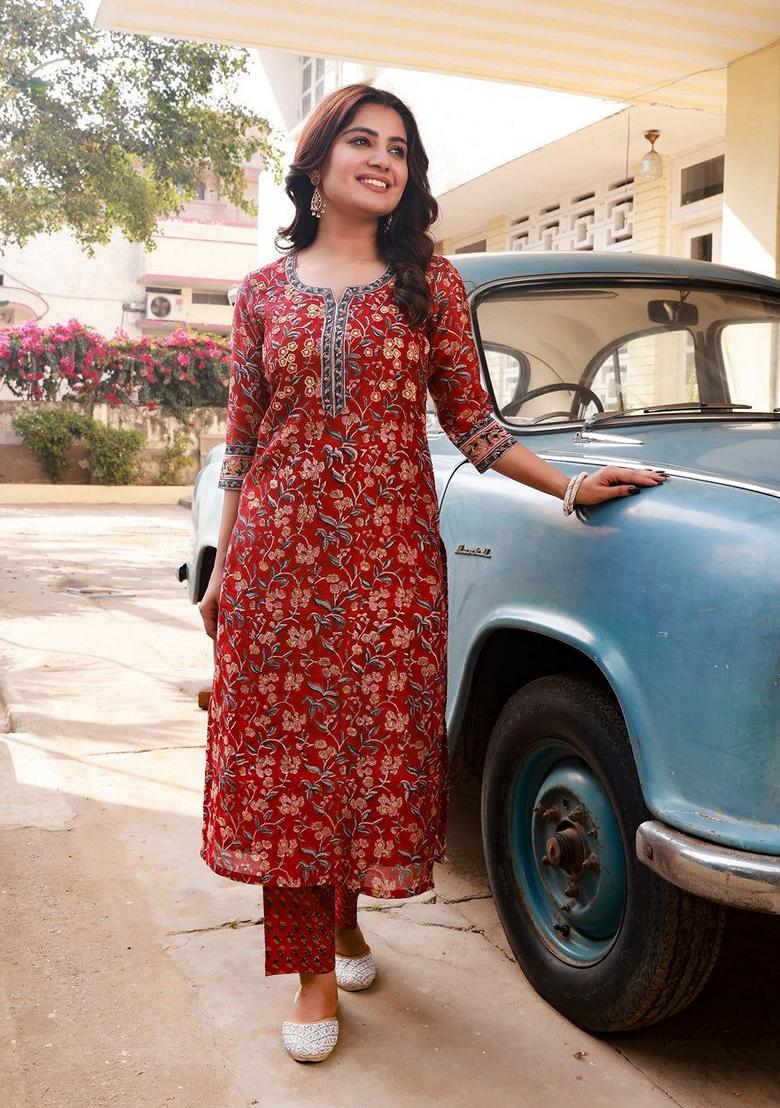 Maroon Digital Print Rayon Kurta Set