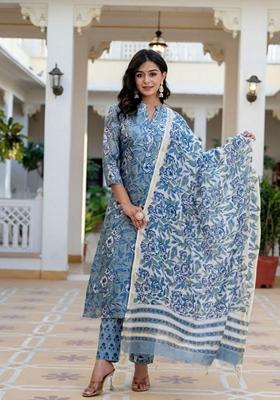 Sky Blue Digital Print Rayon Kurta Set