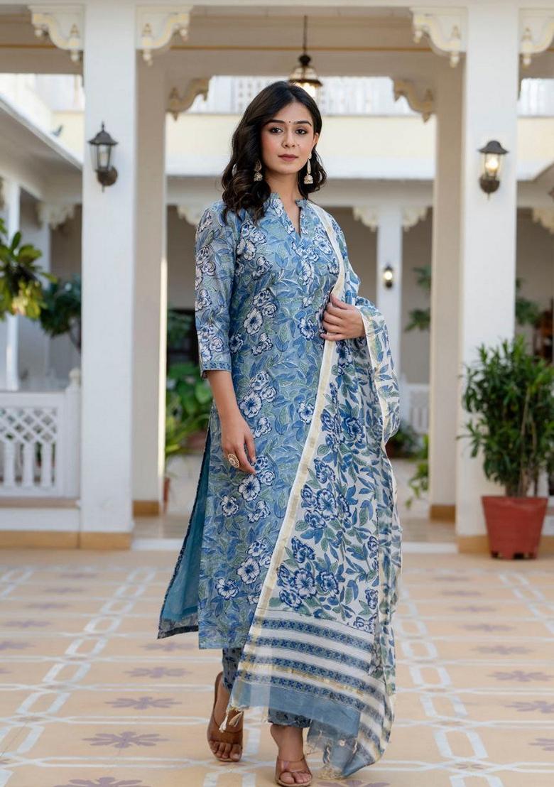 Sky Blue Digital Print Rayon Kurta Set