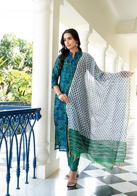 Blue Digital Print Rayon Kurta Set