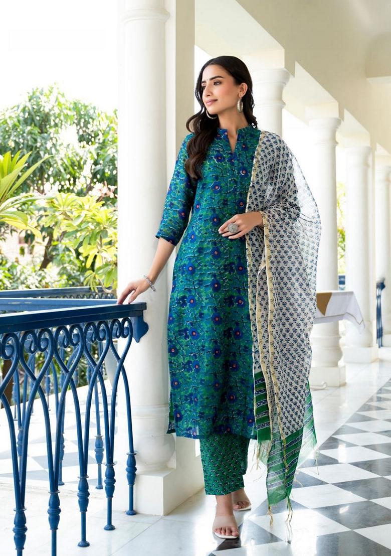 Blue Digital Print Rayon Kurta Set