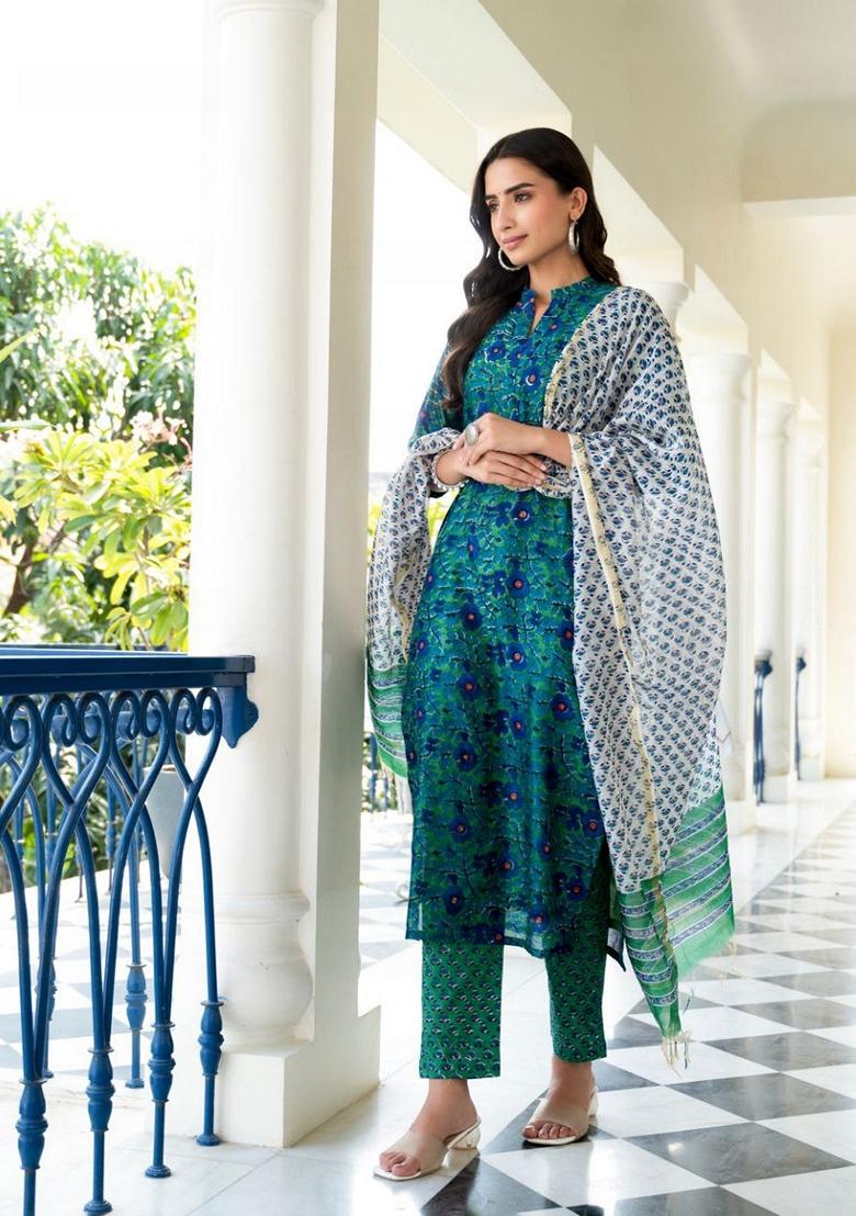 Blue Digital Print Rayon Kurta Set