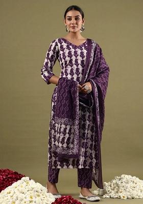Purple Digital Print Rayon Kurta Set