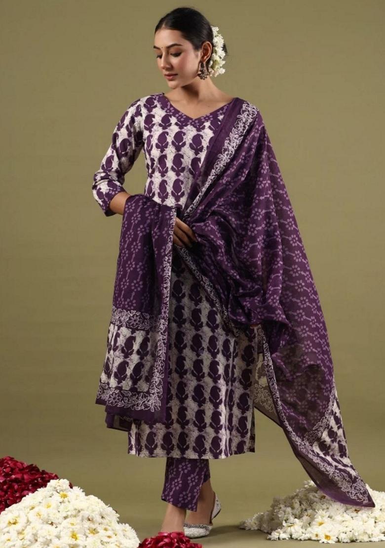 Purple Digital Print Rayon Kurta Set