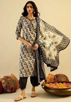 Black Digital Print Rayon Kurta Set
