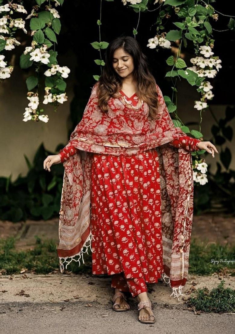 Red Digital Print Rayon Anarkali Set
