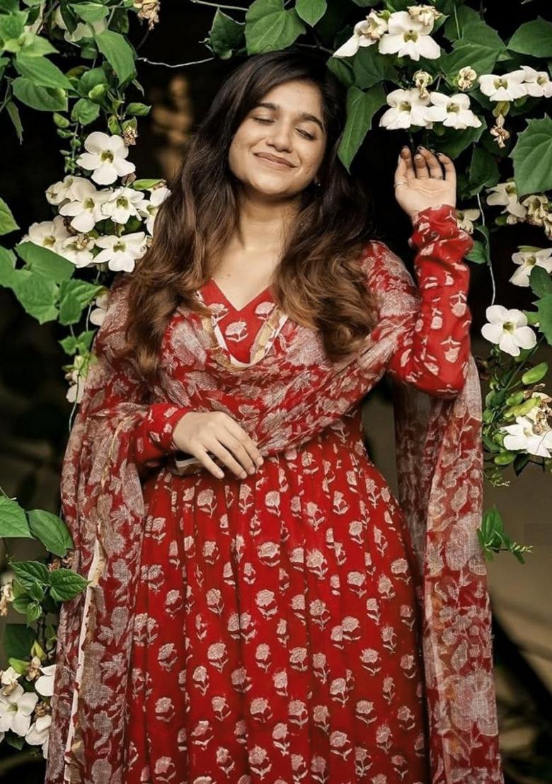 Red Digital Print Rayon Anarkali Set