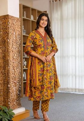Mustard Digital Print Rayon Kurta Set