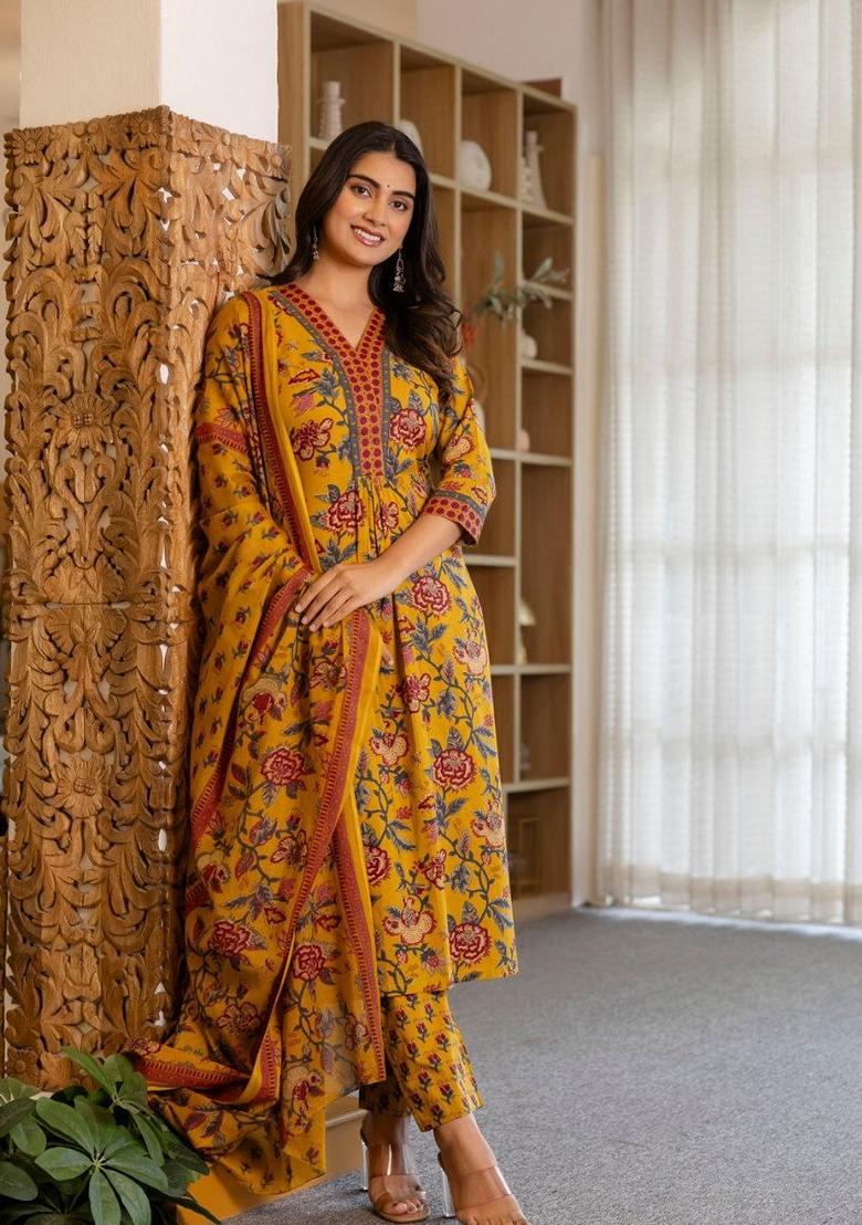 Mustard Digital Print Rayon Kurta Set