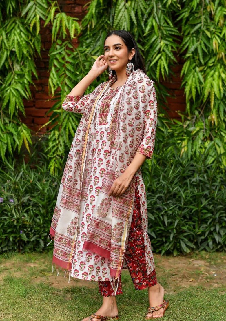 White Digital Print Rayon Kurta Set