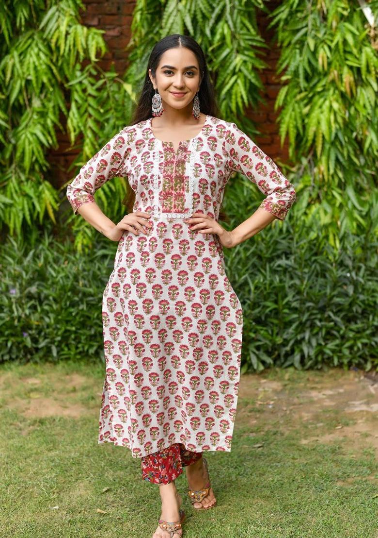 White Digital Print Rayon Kurta Set