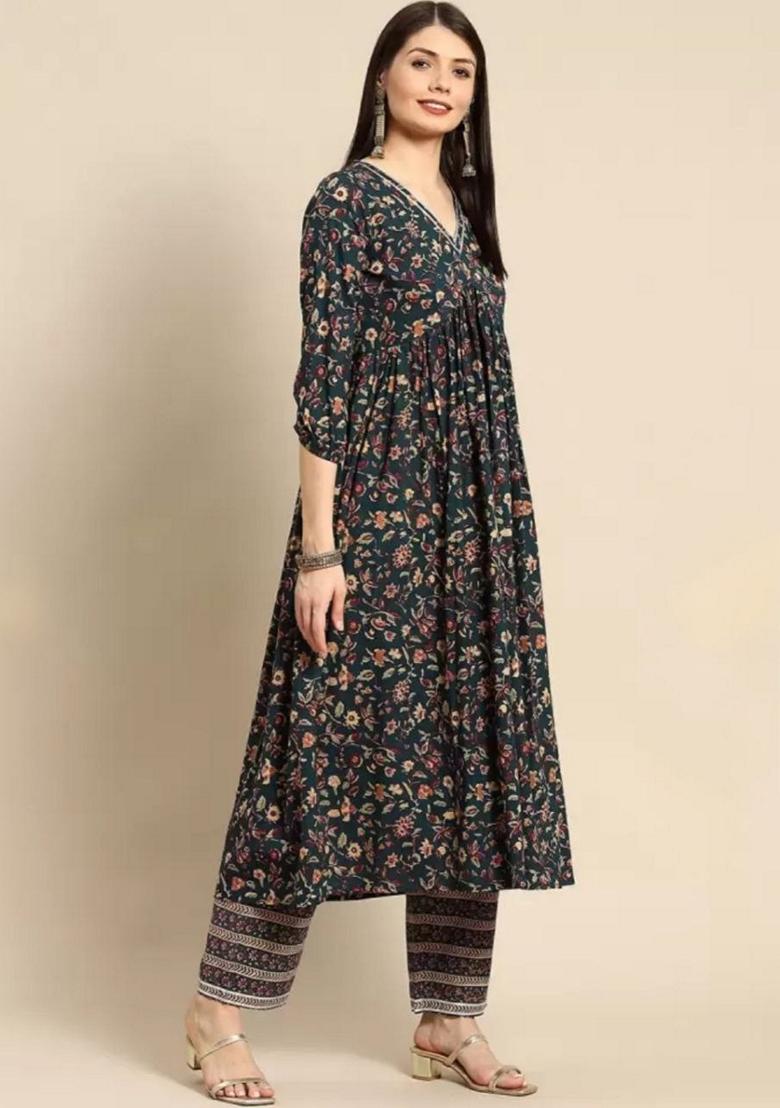 Green Digital Print Rayon Anarkali Set