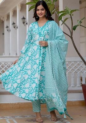 Sky Blue Digital Print Rayon Anarkali Set With Dupatta
