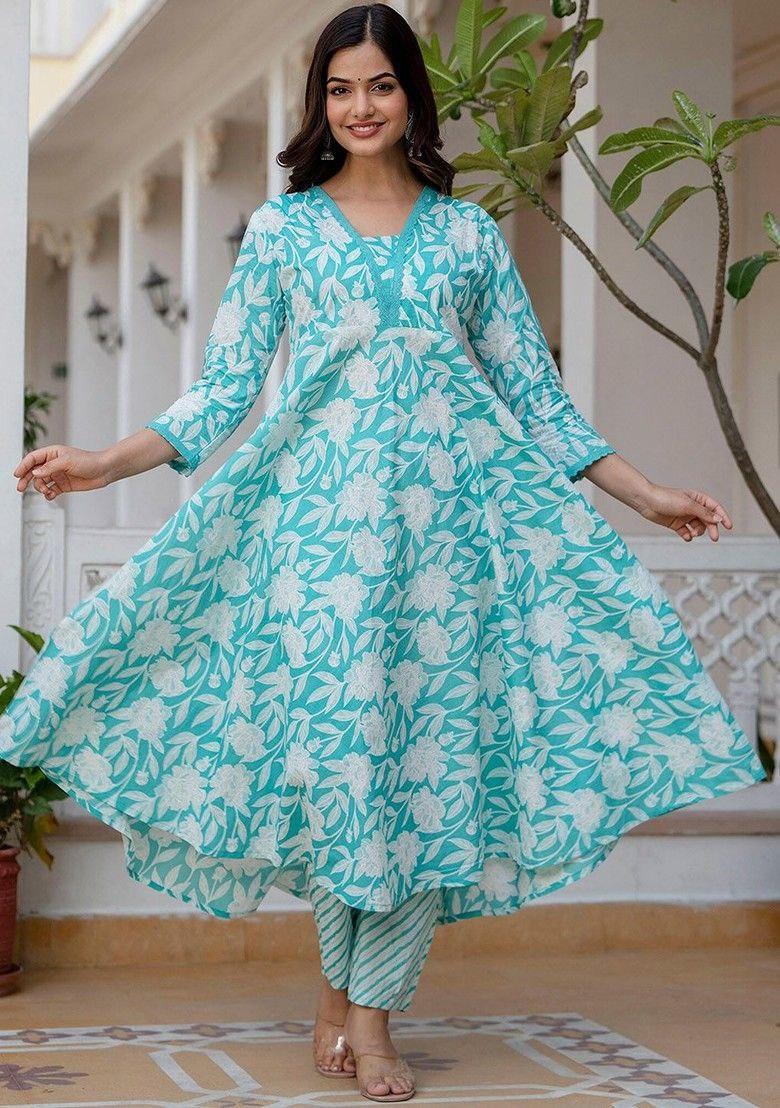 Sky Blue Digital Print Rayon Anarkali Set