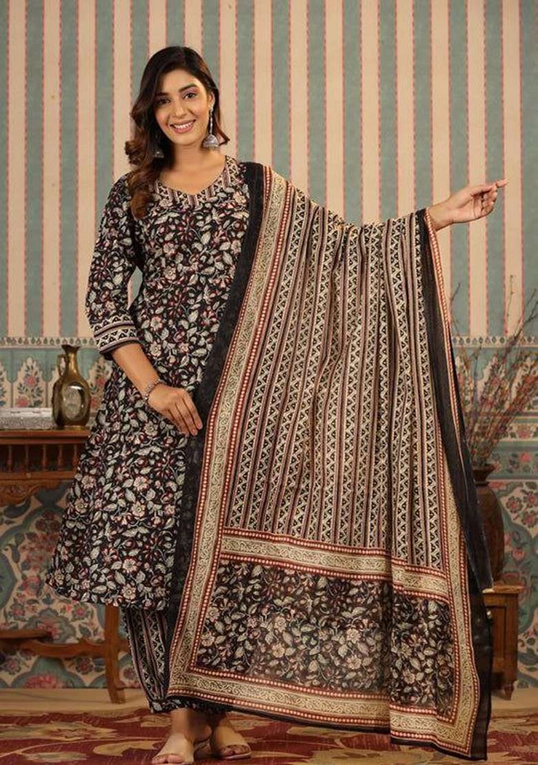 Black Digital Print Rayon Kurta Set With Dupatta - Indya