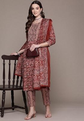 Maroon Digital Print Rayon Kurta Set