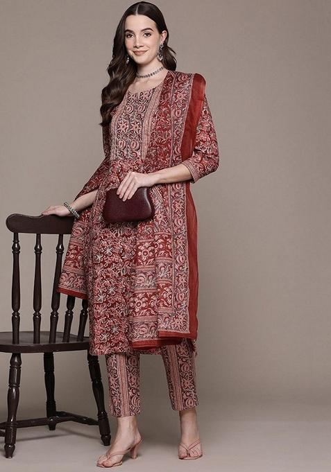 Maroon Digital Print Rayon Kurta Set