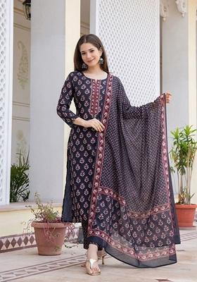 Blue Digital Print Rayon Kurta Set