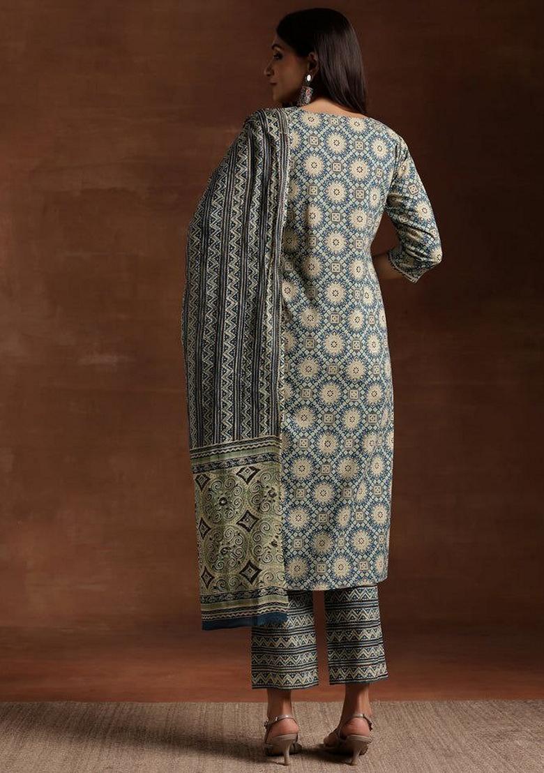 Blue Digital Print Rayon Kurta Set - Indya