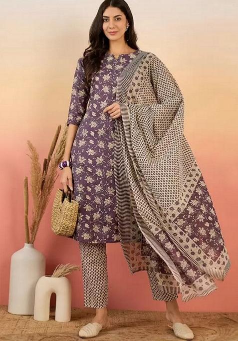 Purple Digital Print Rayon Kurta Set