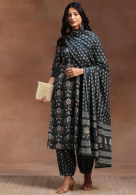 Blue Printed Rayon Straight Kurta Set