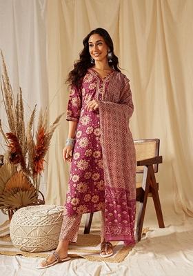 Purple Digital Print Rayon Kurta Set