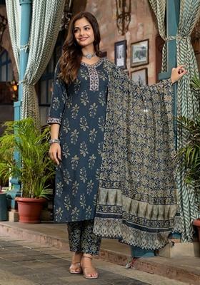 Blue Digital Print Rayon Kurta Set