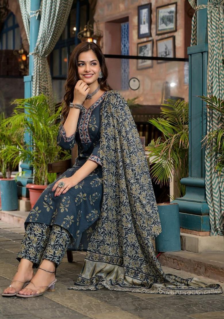 Blue Digital Print Rayon Kurta Set