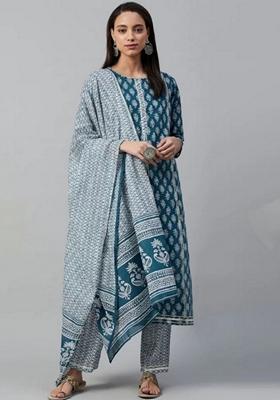 Blue Digital Print Rayon Kurta Set