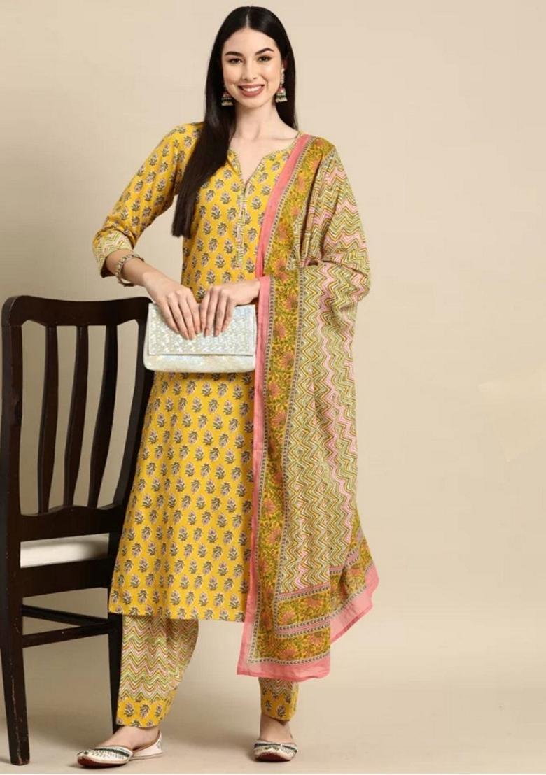 Yellow Digital Print Rayon Kurta Set