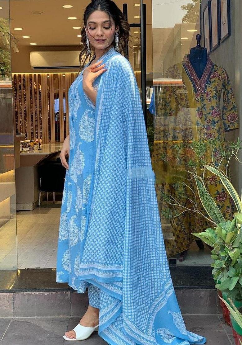 Blue Digital Print Rayon Kurta Set