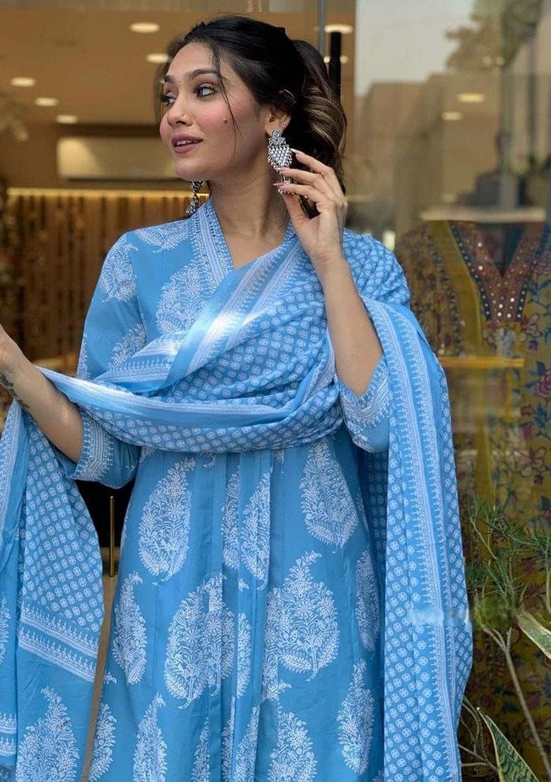 Blue Digital Print Rayon Kurta Set