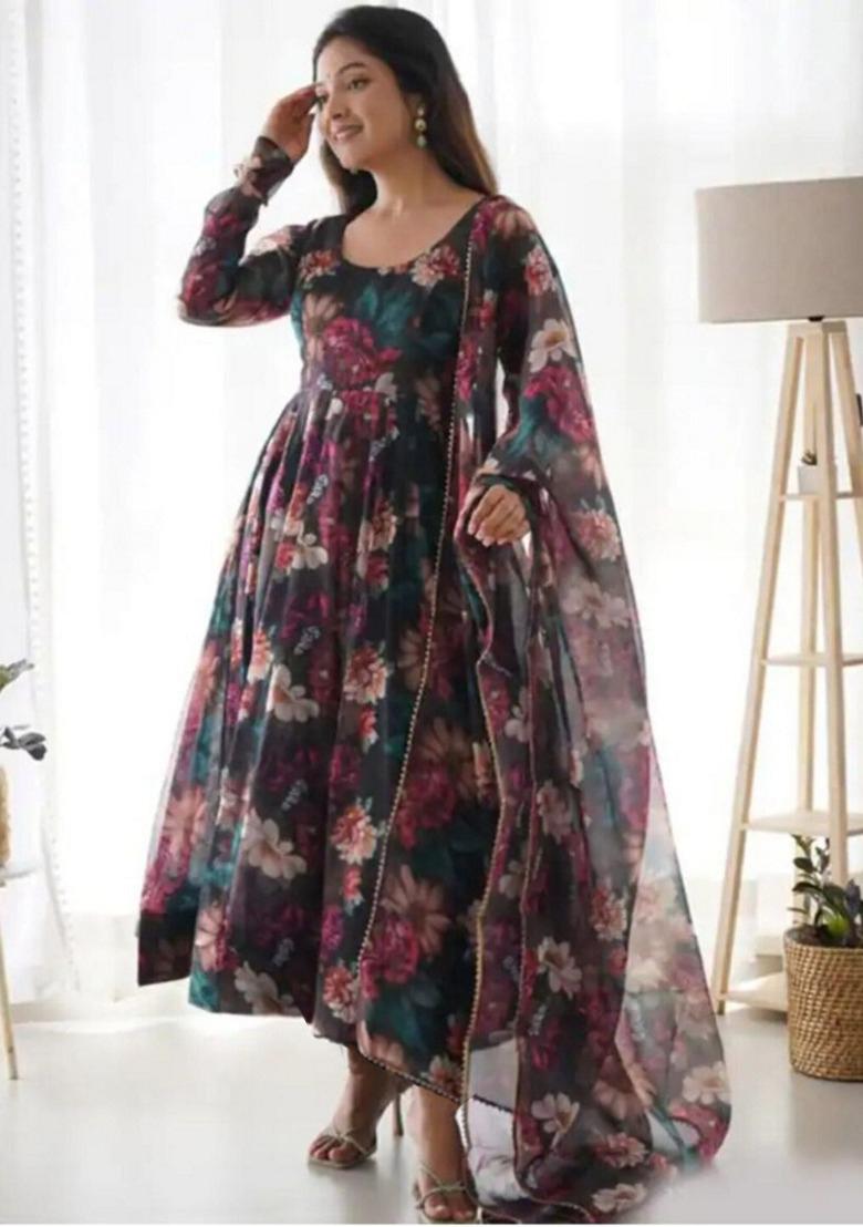 Black Digital Print Georgette Anarkali Set