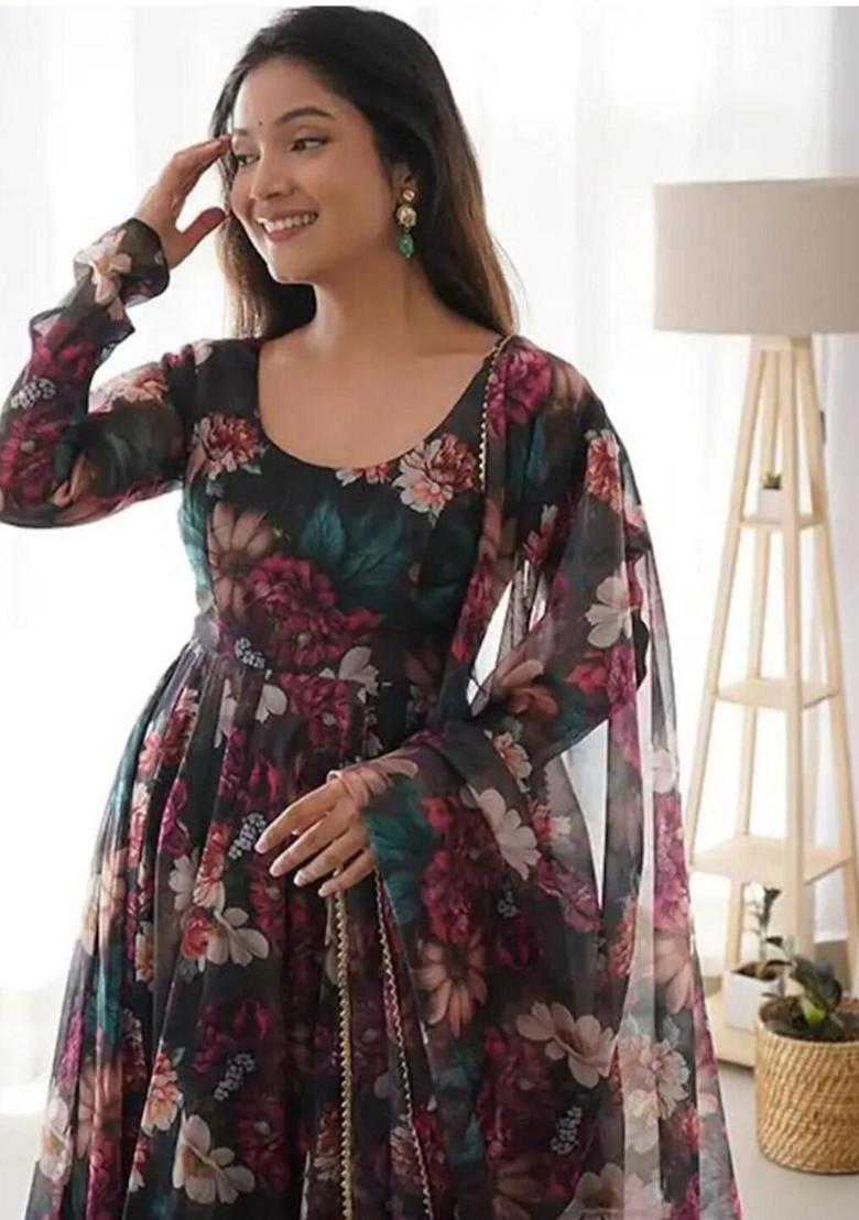 Black Digital Print Georgette Anarkali Set