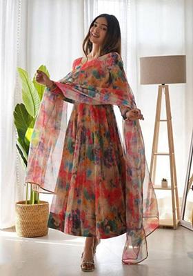 Red Digital Print Georgette Anarkali Set