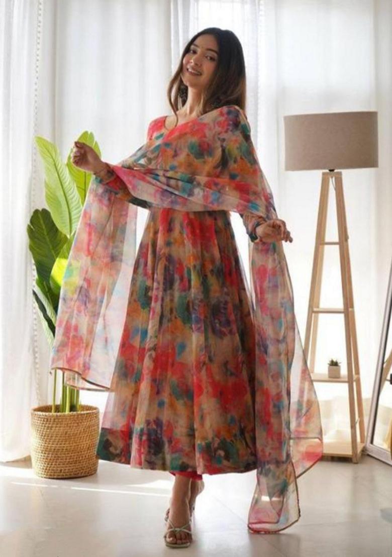 Red Digital Print Georgette Anarkali Set