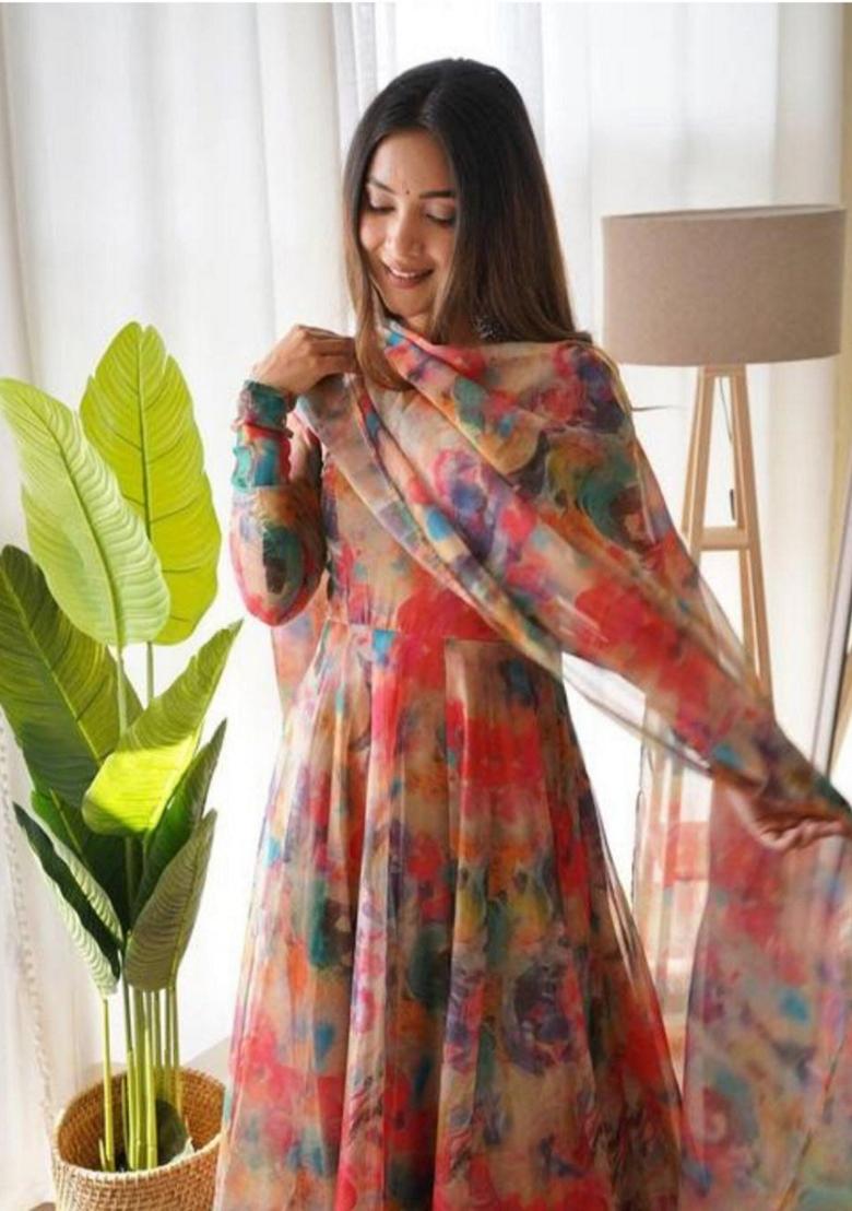 Red Digital Print Georgette Anarkali Set