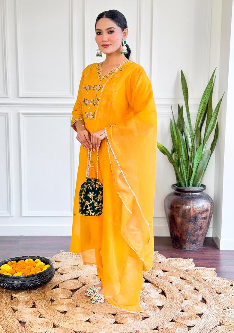 Yellow Embroidered Chanderi Silk Kurta set
