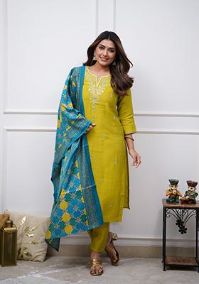 Parrot Green Embroidered Silk Kurta set