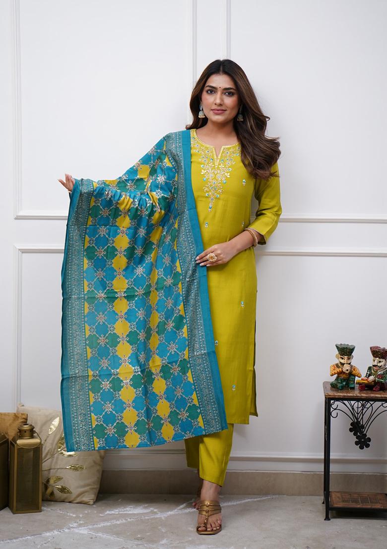 Parrot Green Embroidered Silk Kurta set