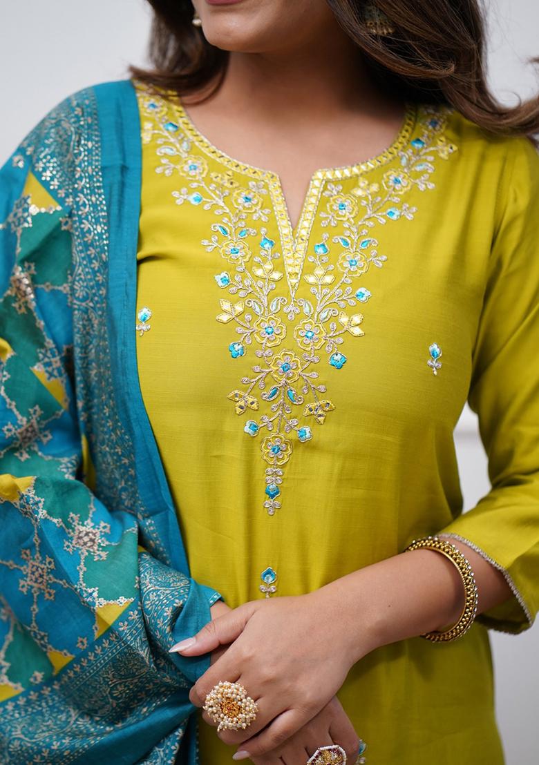 Parrot Green Embroidered Silk Kurta set