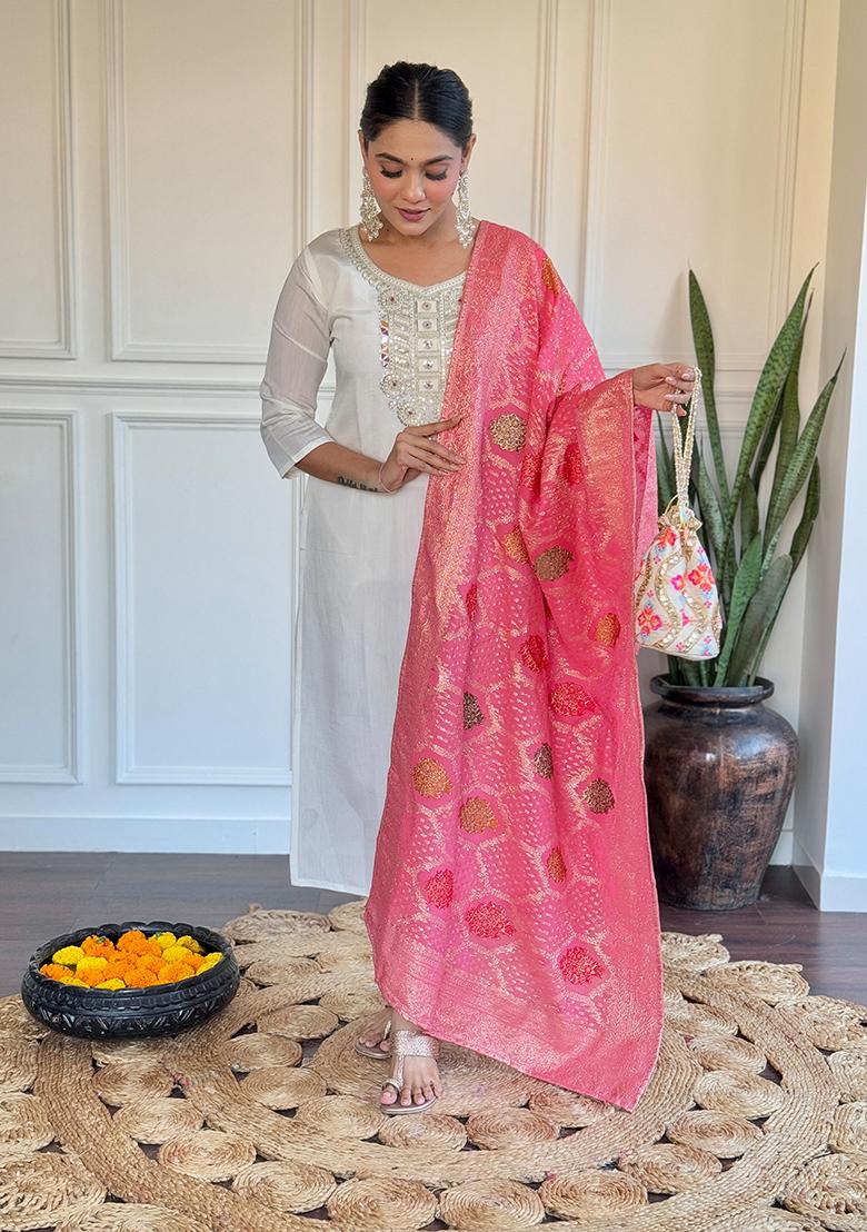 White Embroidered Chanderi Silk Kurta set