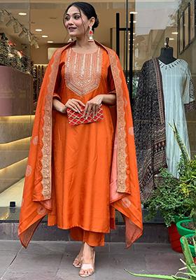 Orange Embroidered Silk Kurta set