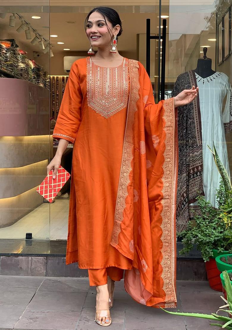 Orange Embroidered Silk Kurta set