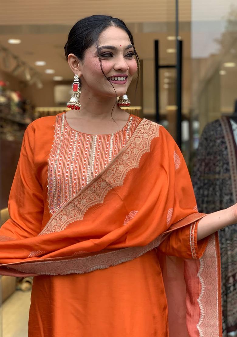 Orange Embroidered Silk Kurta set