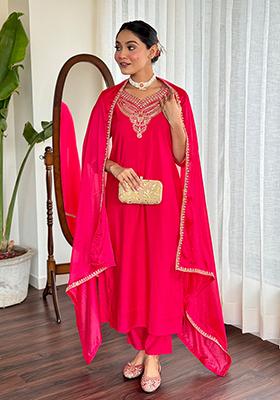 Rani Pink Embroidered Chanderi Kurta set