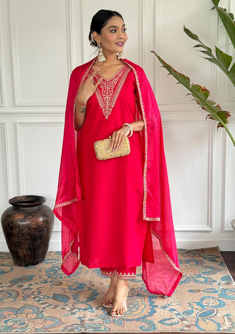 Hot Pink Embroidered Chanderi Kurta set